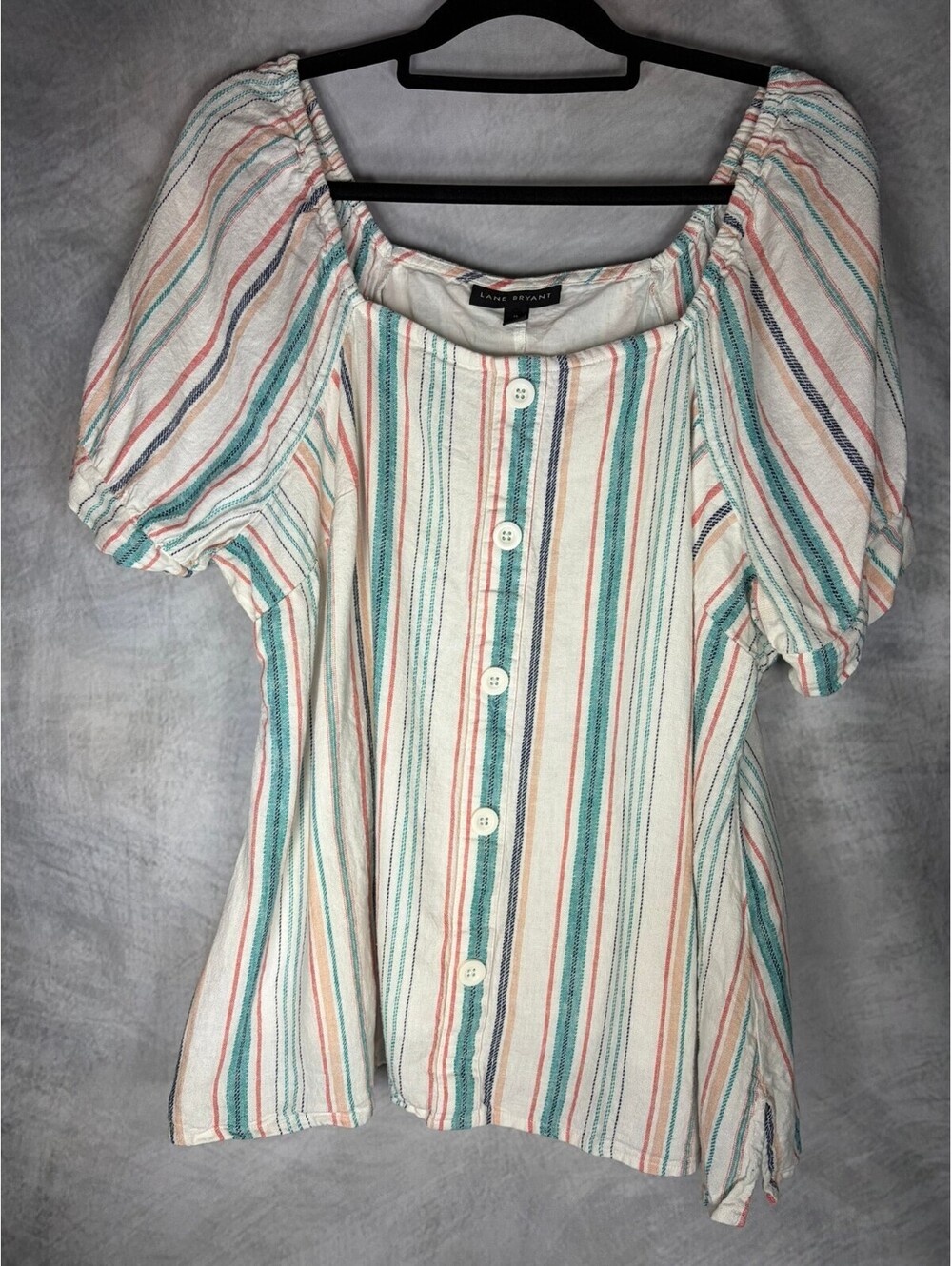 Lane Bryant Women's Striped Peasant Blouse Size 16 White Short Puff Sleeve